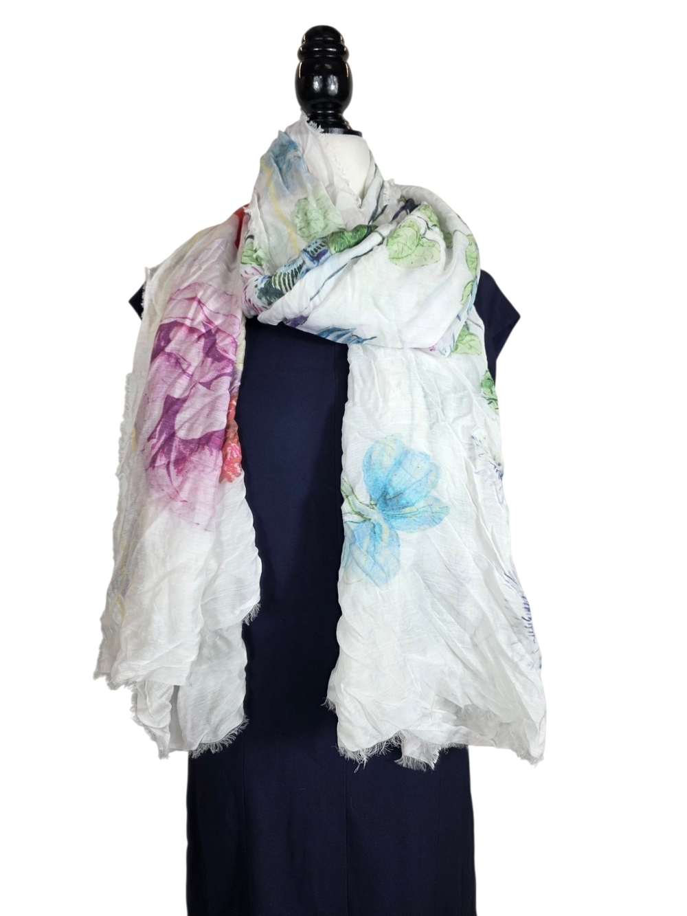 Moment by Moment White Floral Watercolor Scarf raw hem Lightweight